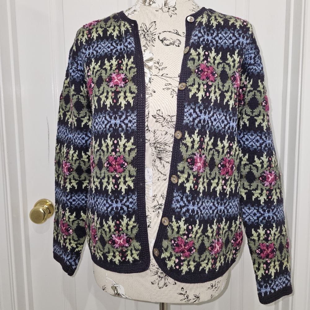 Vintage Talbots Navy Floral Knot Cardigan Sweater, Size SP - Picture 3 of 11